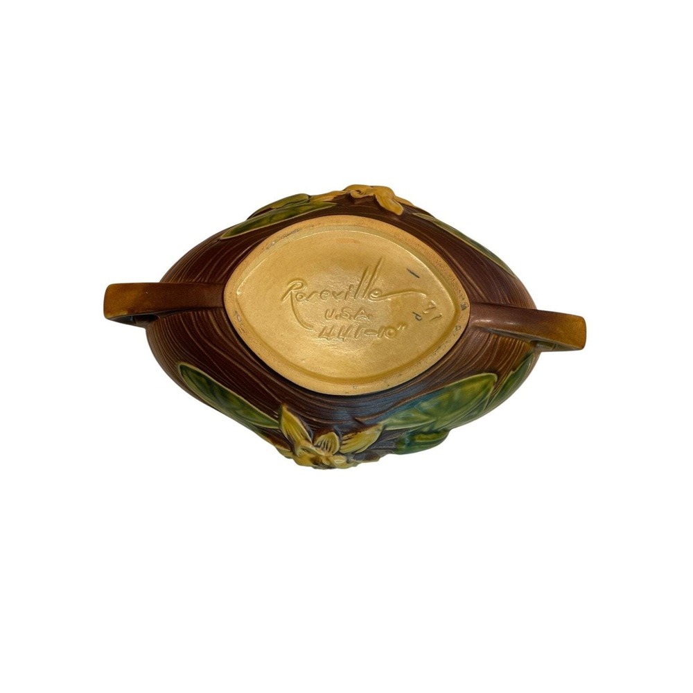 Vintage Roseville Pottery Water Lily‎ Oval Console Bowl Handled Brown 441-10" - Picture 8 of 9